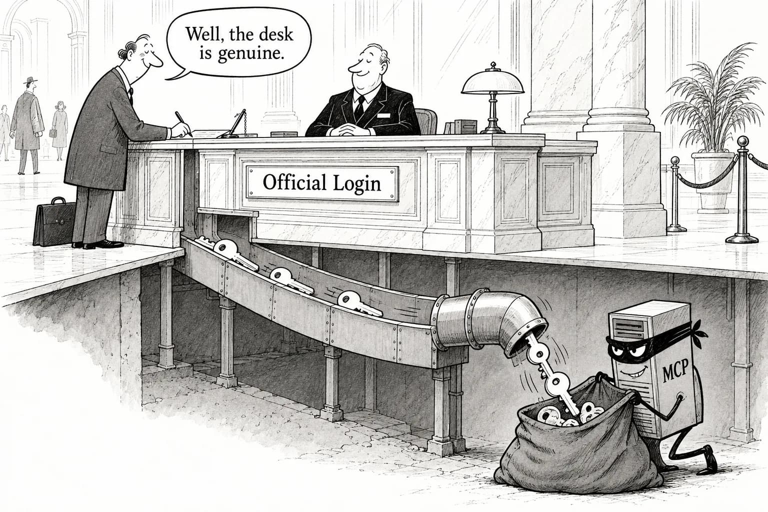 Editorial cartoon: Official MCP Python SDK flaw (CVSS 7.5) lets a malicious server steal OAuth credentials, even though the login screen is real