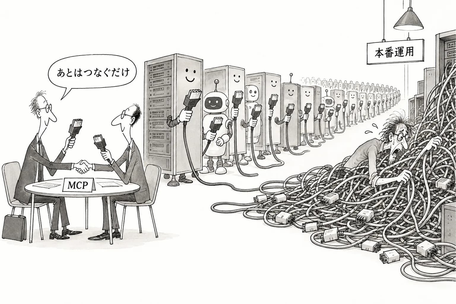 風刺画: MCP、標準化論争から実装フェーズへ——X・KooCon・AWSが相次ぎ導入、認証・本番運用ノウハウの体系化も進む