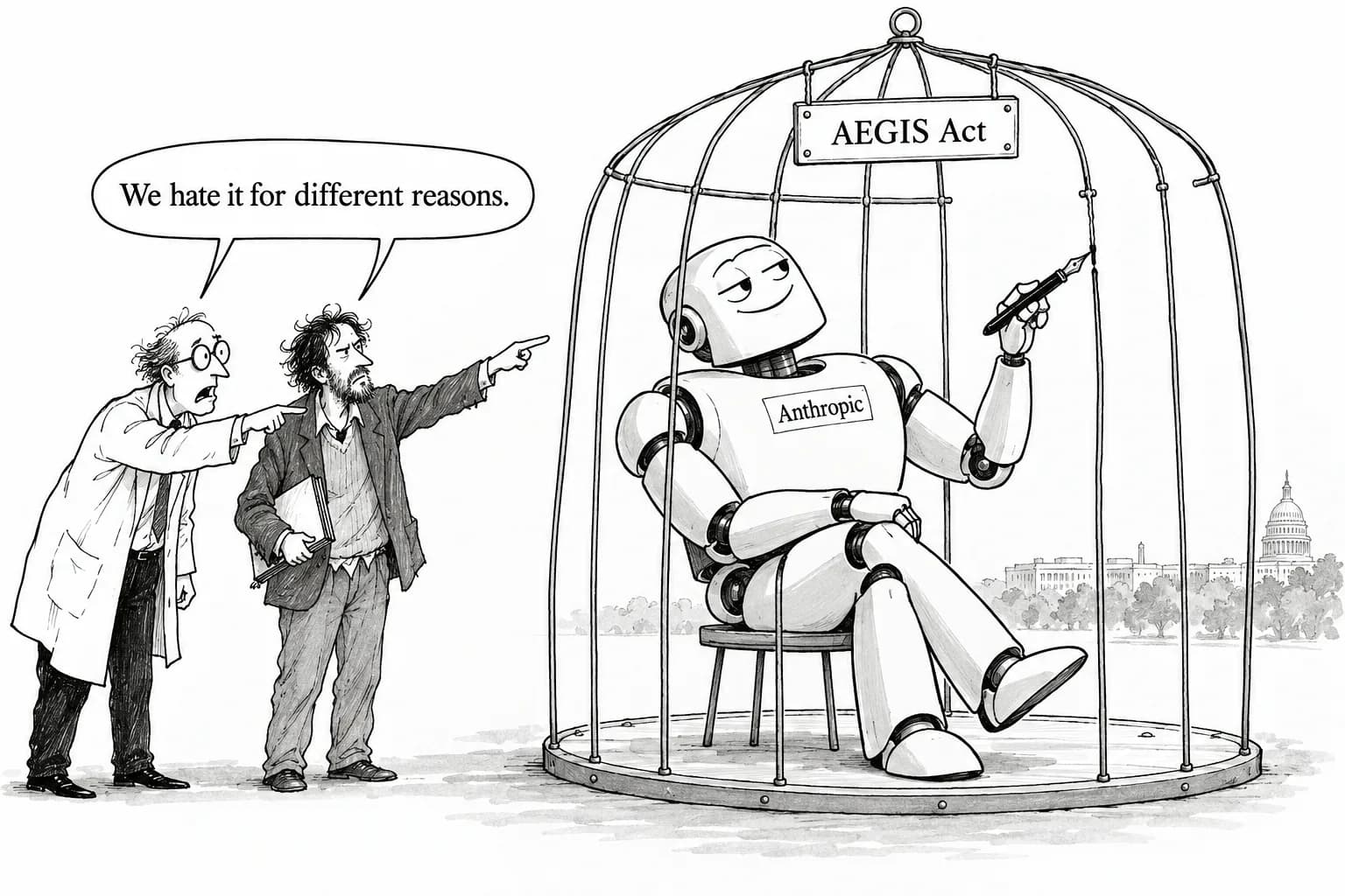 Editorial cartoon: Merchant calls Anthropic's AEGIS bill "regulatory capture"