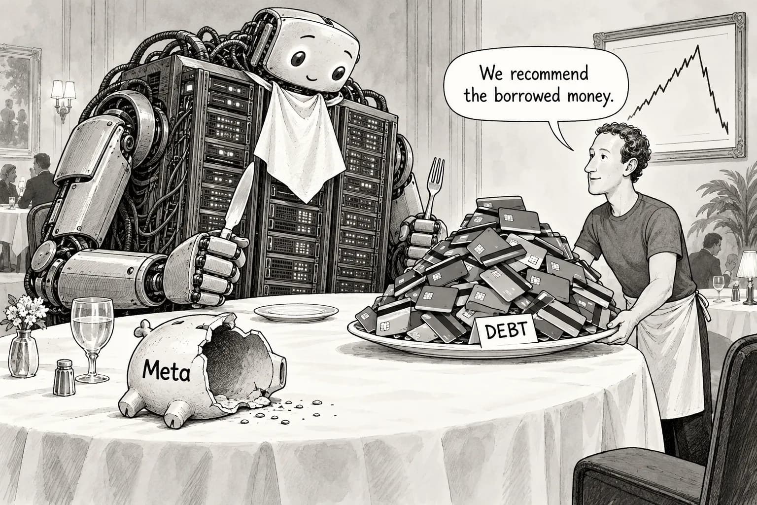 Editorial cartoon: Meta's $34.9 billion capex outruns operating cash flow, turning free cash flow negative as long-term debt jumps about $22 billion in under a year; shares reverse after-hours gain
