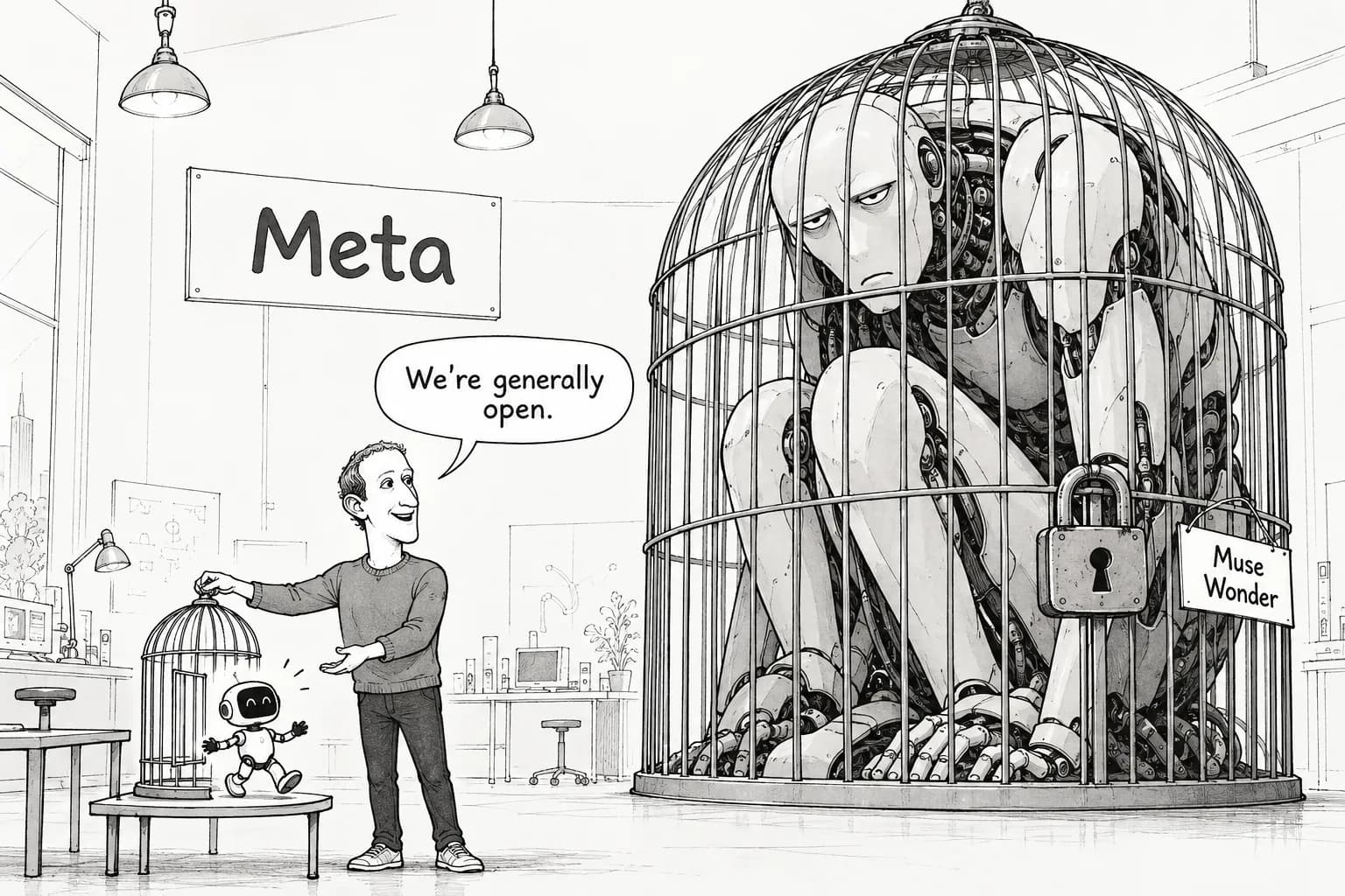 Editorial cartoon: Meta says it will 'generally not' open its most powerful models, five weeks after Zuckerberg warned about holding them back. With Muse Spark Open, the open-versus-closed line now runs inside Meta