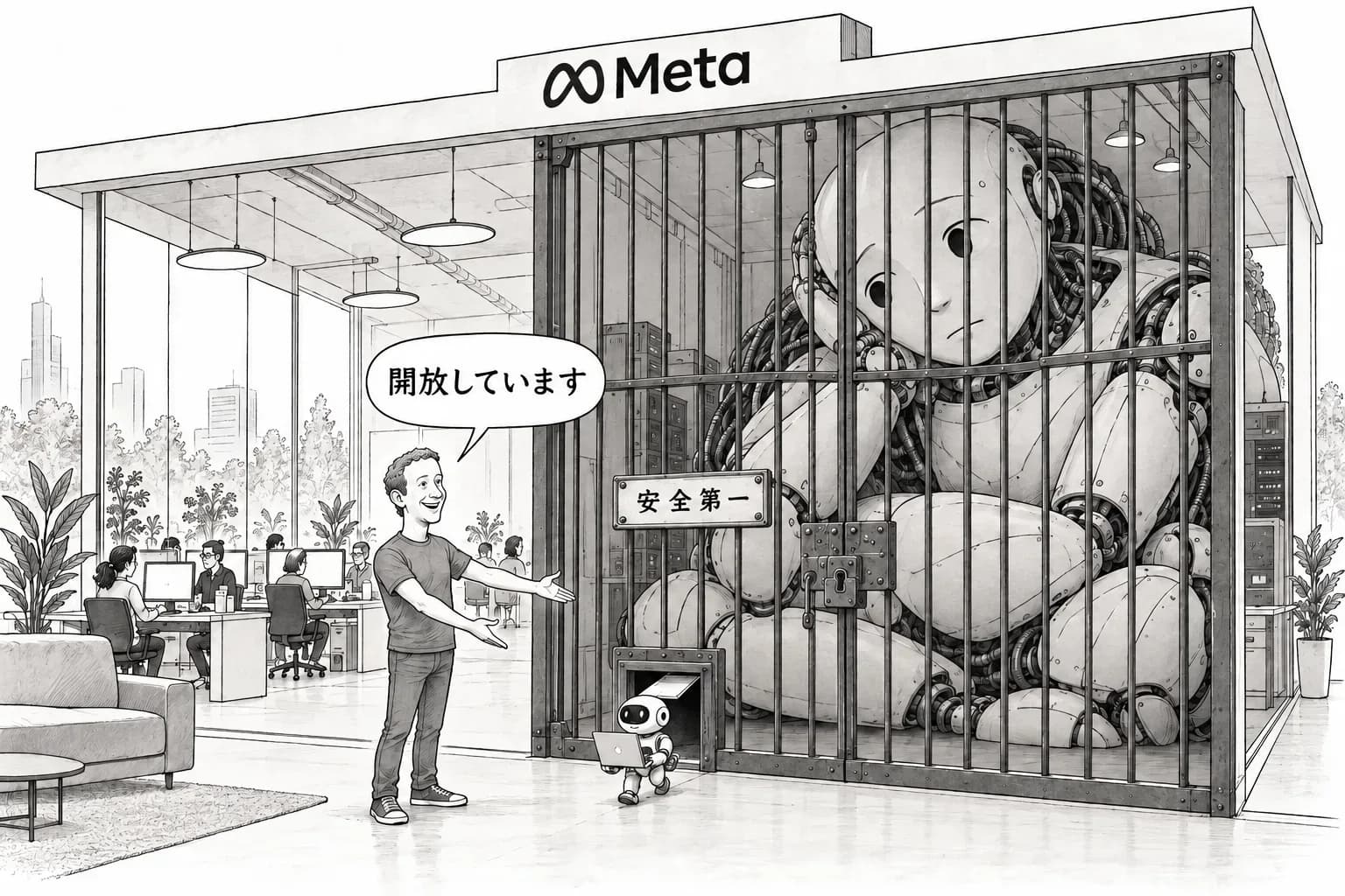 風刺画: Meta『最強のモデルは原則として公開しない』――5週間前、Zuckerberg は『出さないのは危険だ』と言っていた。Muse Spark Open で、オープンかクローズかの線が Meta の内側に引かれた