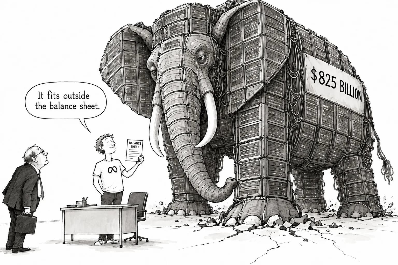 Editorial cartoon: Meta's off-balance-sheet commitments reach about $825 billion as it withholds a capex figure, creates nonvoting shares and sees CDS hit a record