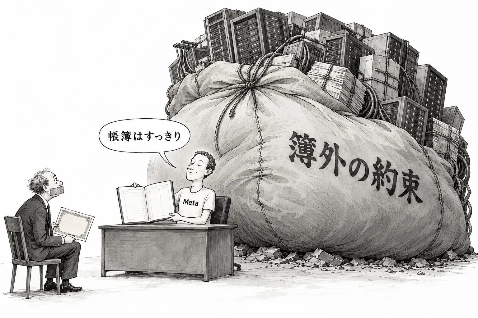 風刺画: Meta の簿外の約束は約8,250億ドルに――設備投資の数字は出さず、議決権のない株を新設、CDS は過去最高