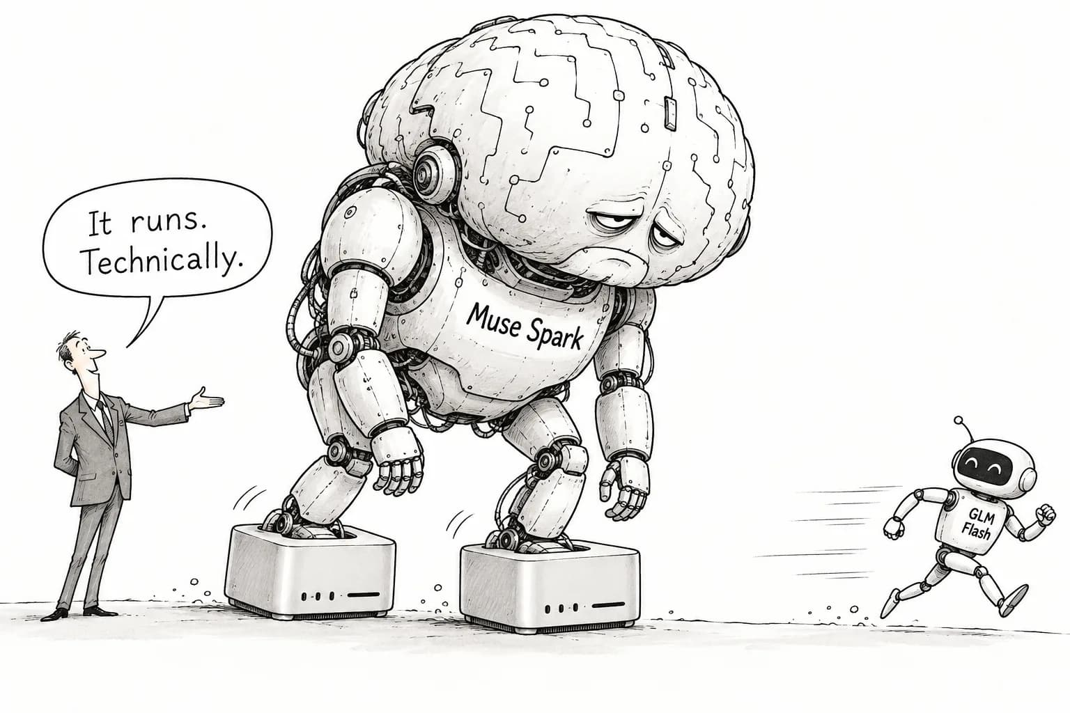Editorial cartoon: Meta's 816B Muse Spark Open runs at about 25 tok/s on two Mac Studios, 18–21 tok/s squeezed onto one, and early users already say it's "slower than GLM 5.3 Flash"