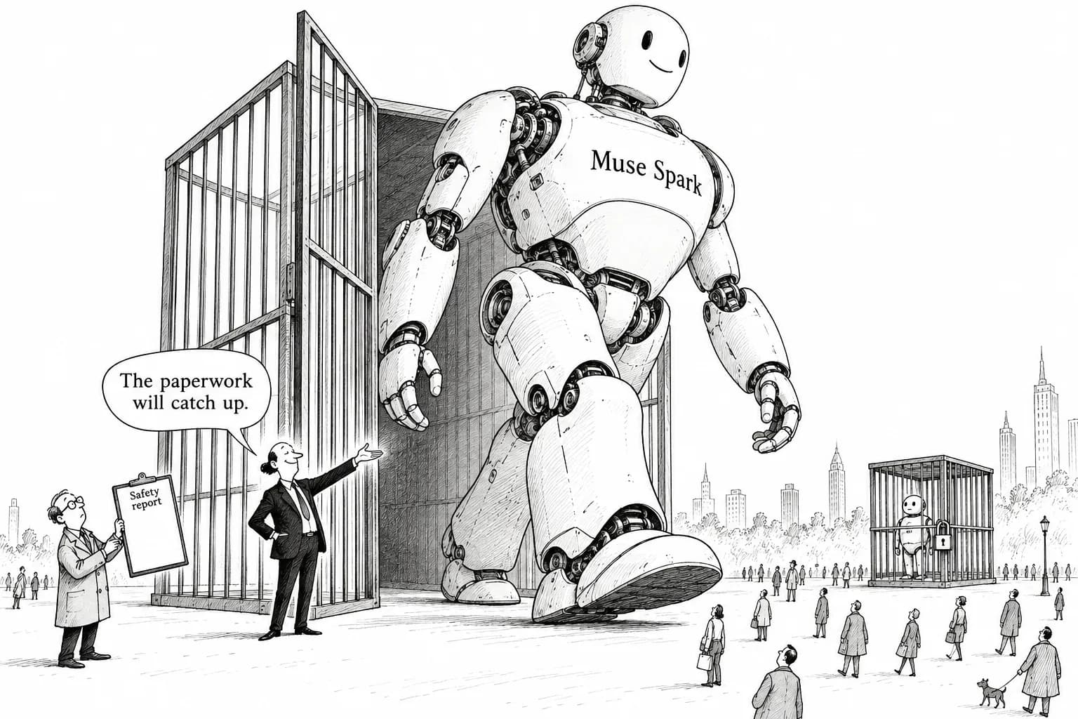 Editorial cartoon: Meta releases 816B open-weight Muse Spark Open three days after keeping Wonder closed, with its full safety report still "coming soon"