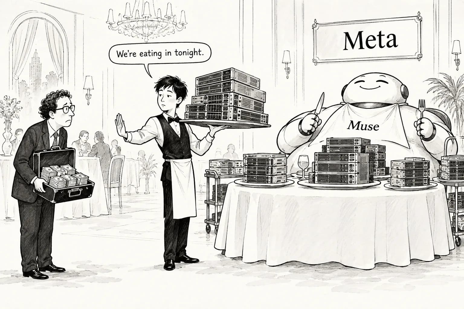 Editorial cartoon: Meta declined to provide compute to Anthropic, WSJ reports, after Amodei asked Wang directly; about $10 billion in talks may be over