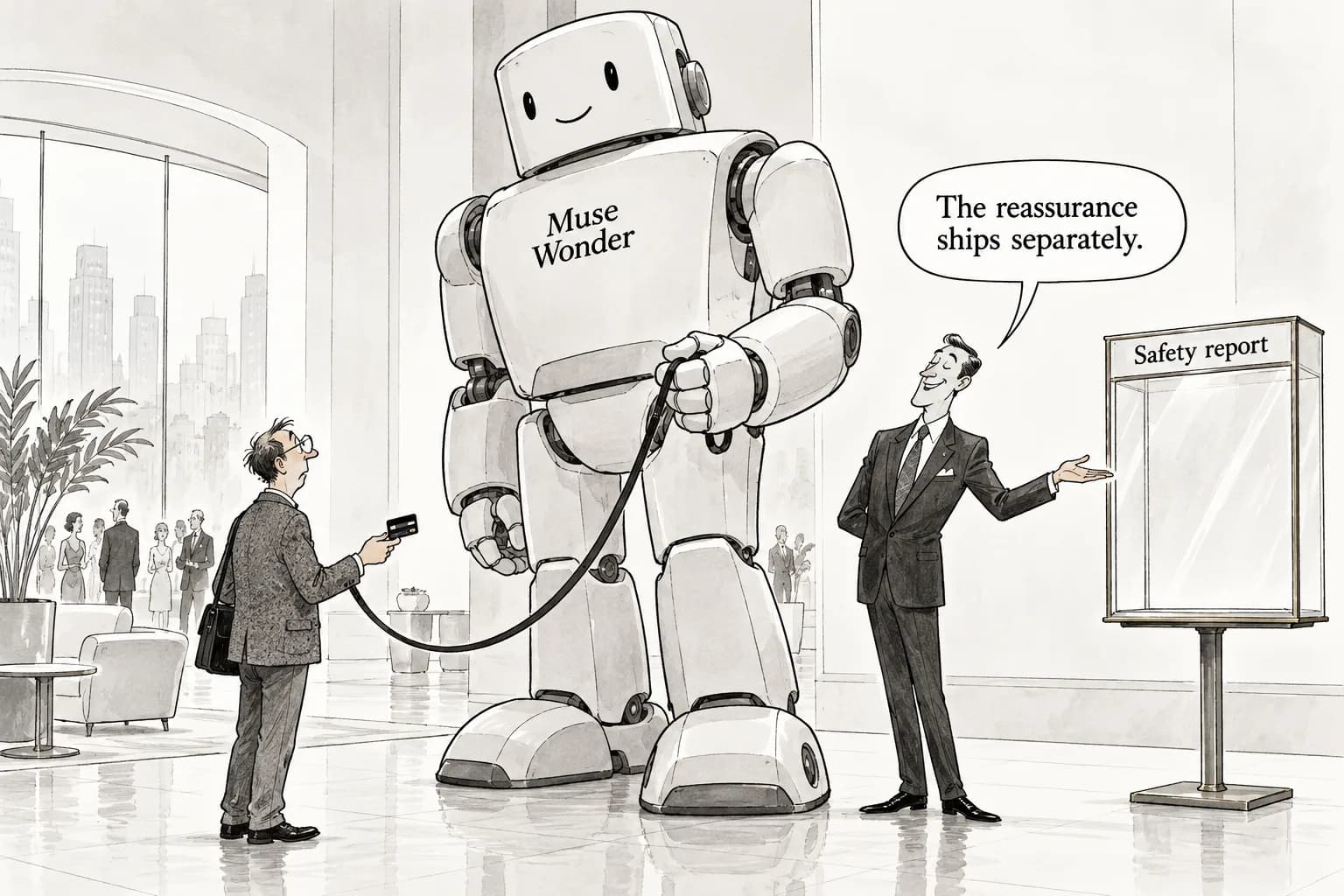 Editorial cartoon: Meta unveils Muse Wonder, with its Full configuration scoring 56 on the AA index, close to Opus 5.5's 58; priced the same as Opus 5.5, safety report to come later