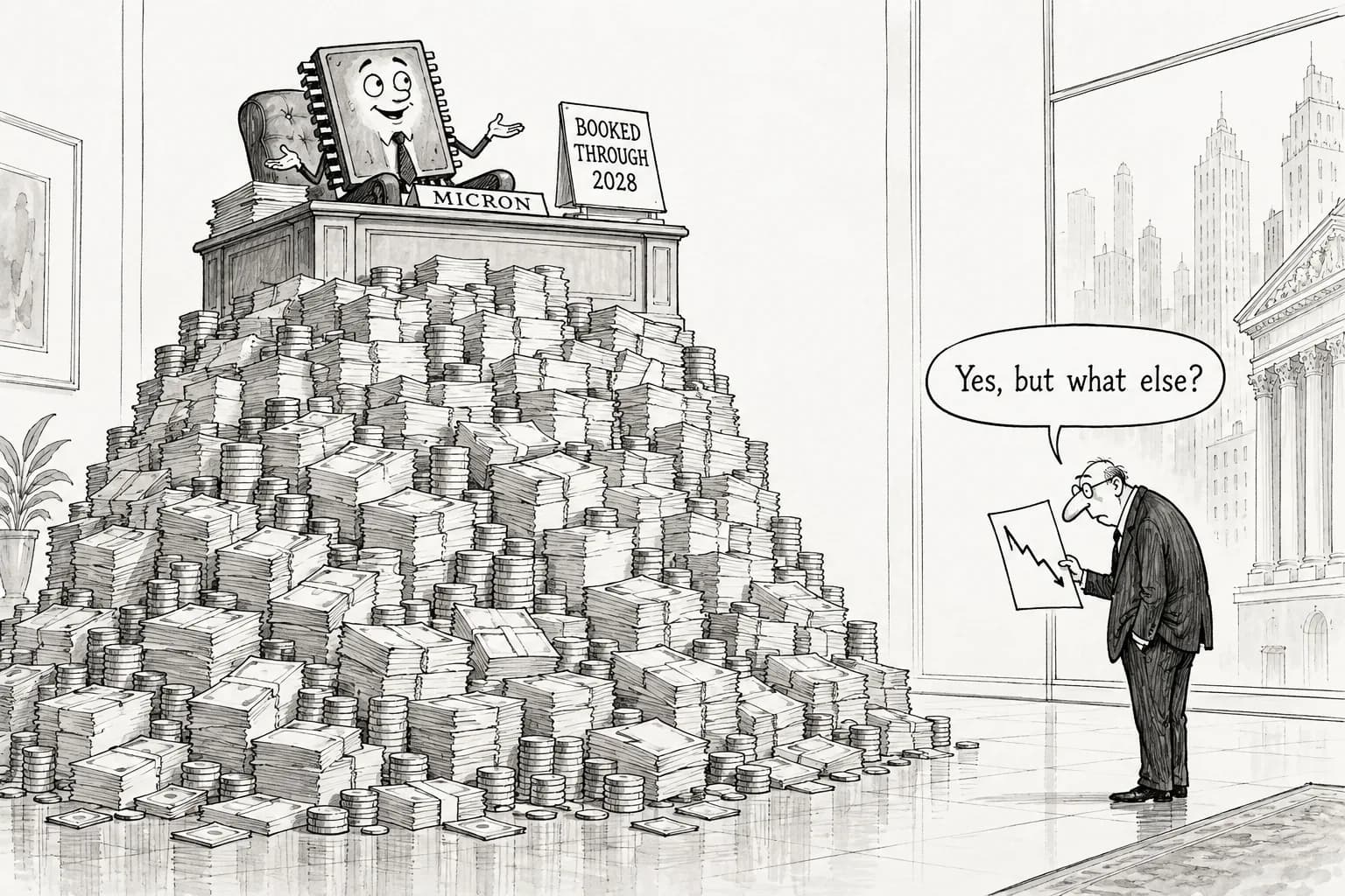 Editorial cartoon: Micron beats estimates with $54.2 billion in revenue and an 87% gross margin; memory shortage seen lasting into 2028, but shares fall