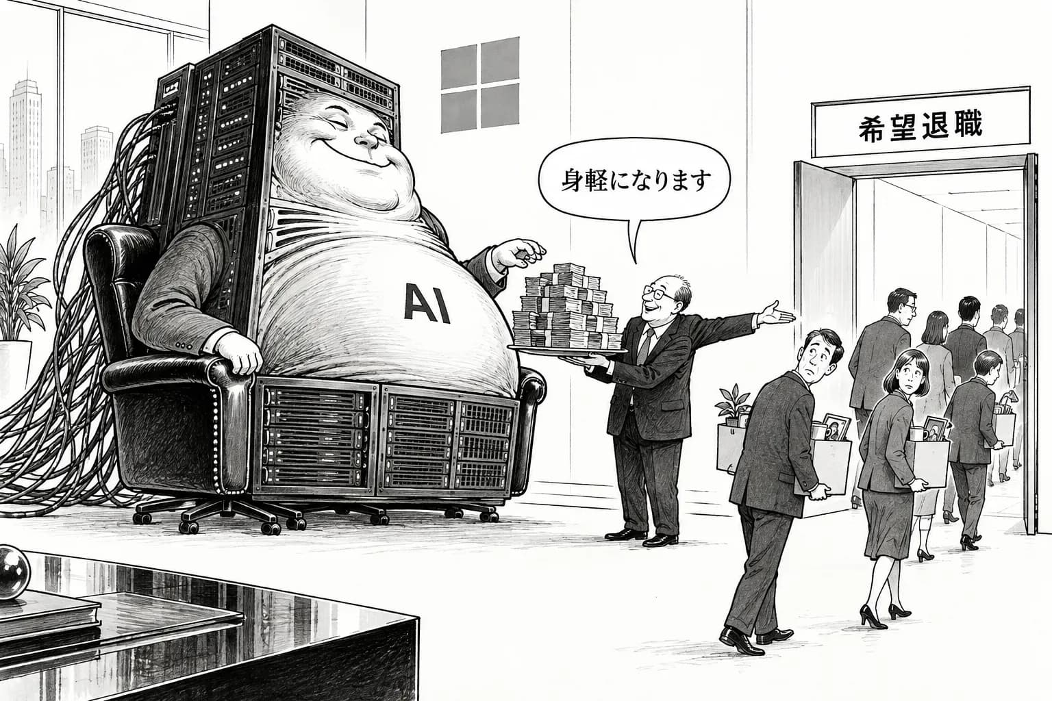 風刺画: Microsoft、約6万人に希望退職と報道 決算前の費用削減