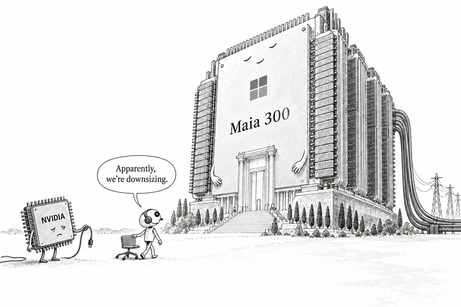 Editorial cartoon: Microsoft's Maia 300 inference chip reportedly packs 288GB of HBM4 and 18TB/s of bandwidth, set to become Copilot's main compute platform from 2027