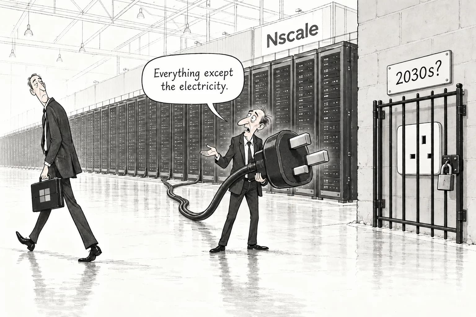 Editorial cartoon: Microsoft reportedly exits Nscale's Loughton site of about 23,000 GPUs as grid connection may slip into the 2030s, a blow to the neocloud ahead of its IPO