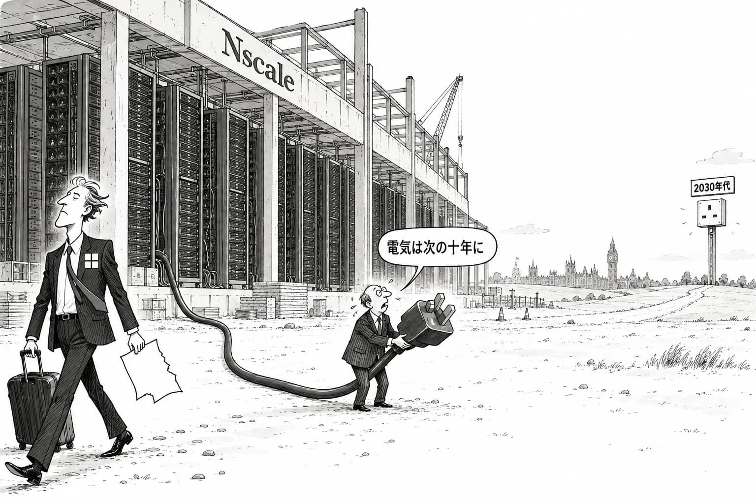 風刺画: Microsoft、Nscale の英ラフトン拠点(GPU 約2.3万基)から撤退と報道 系統接続は2030年代にずれ込む恐れ、上場を控えるネオクラウドに打撃