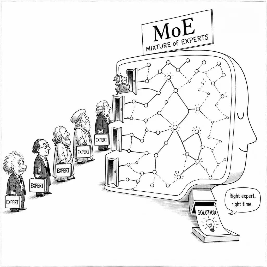 風刺画: Mixture of Experts (MoE) の研究がAIの新たな地平を切り開く