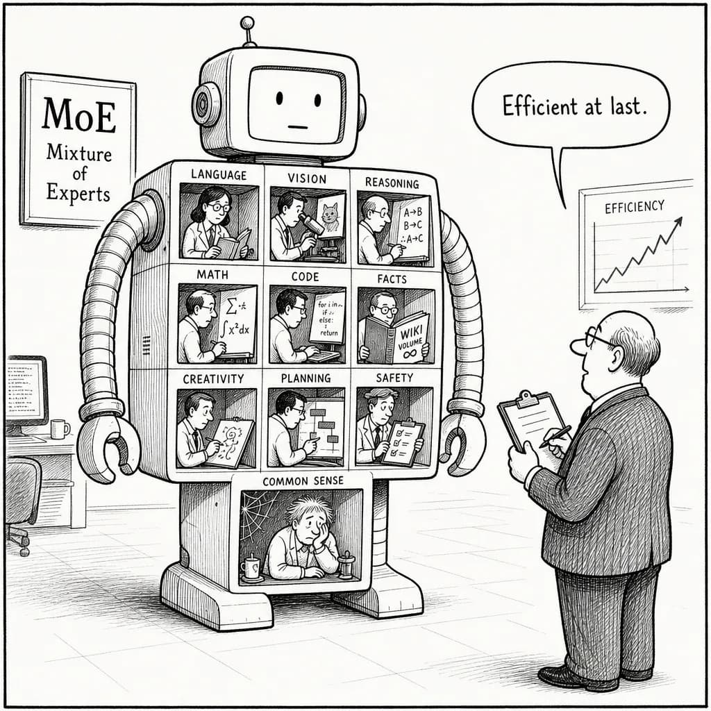 風刺画: Mixture of Experts (MoE) のAI研究における進展とその可能性