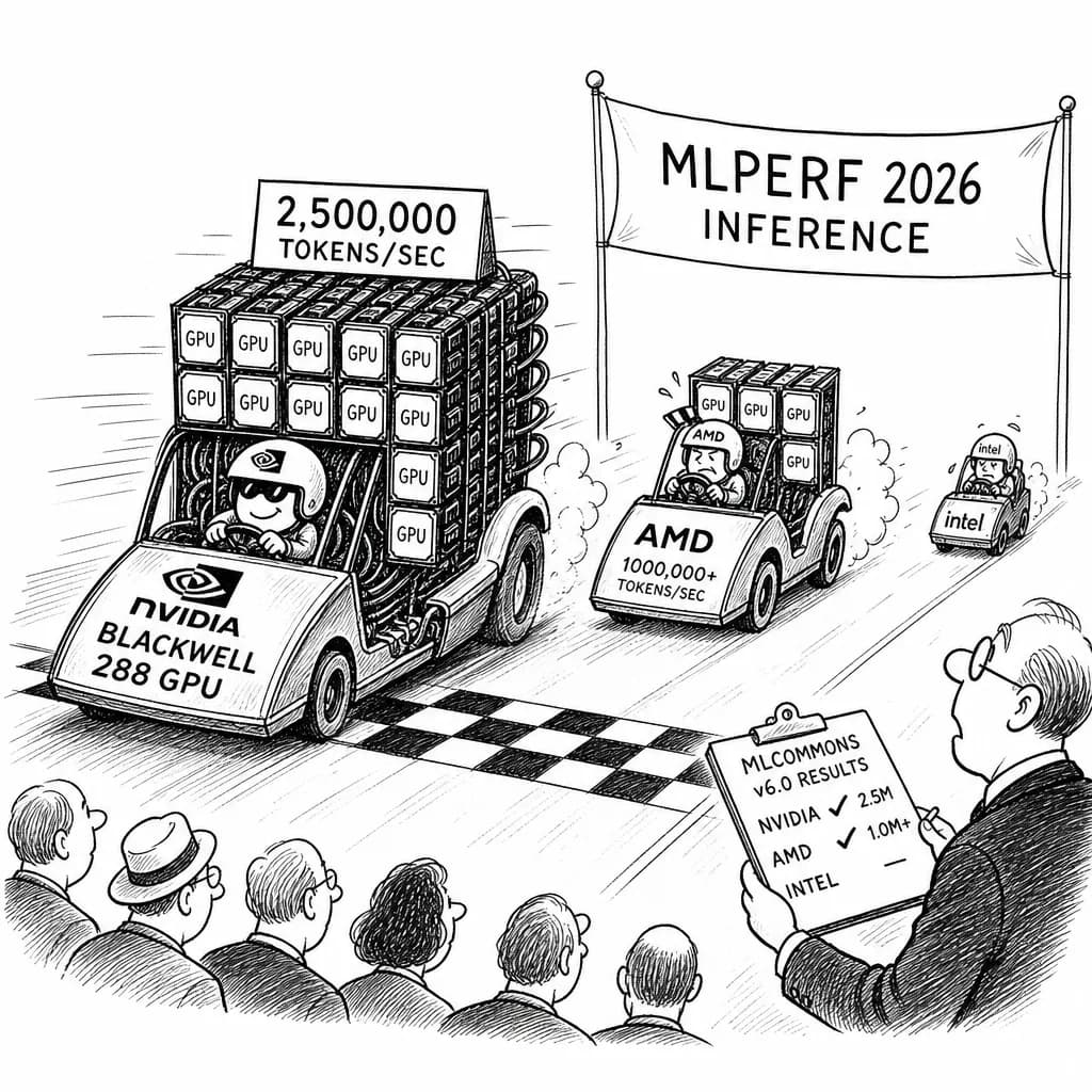風刺画: MLPerf 2026最新結果、NVIDIA Blackwellが288GPUで250万トークン/秒の推論記録樹立
