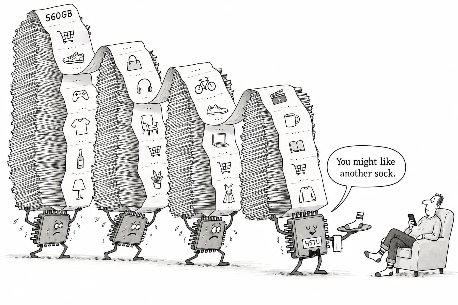 Editorial cartoon: MLPerf's recommendation benchmark moves to HSTU, which reads user history as a sequence; DLRMv4's 560GB of embeddings won't fit on one accelerator
