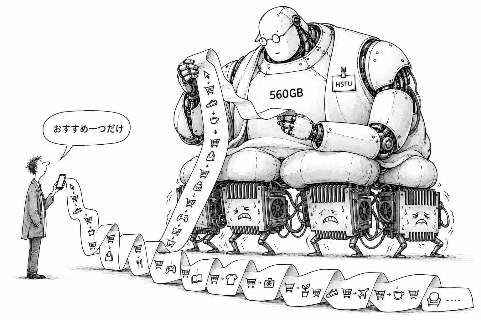 風刺画: MLPerf の推薦テストが「履歴を系列で読む」HSTU に替わる——DLRMv4 は埋め込み 560GB、1台には載らない
