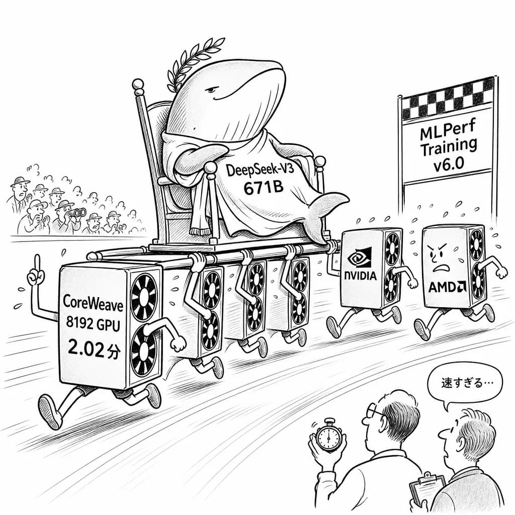 風刺画: MLPerf Training v6.0公開——DeepSeek-V3 671Bが新指標に、CoreWeaveは8192GPUで2.02分・NVIDIAとAMDが記録競う