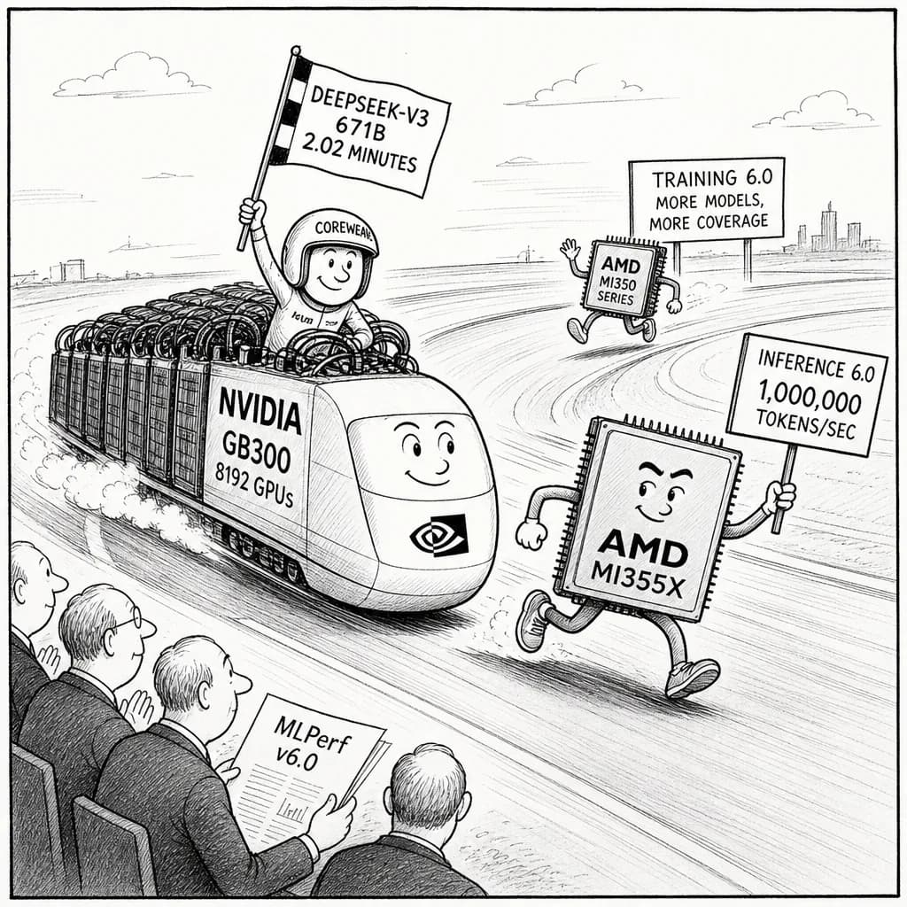 風刺画: MLPerf Training v6.0発表、NVIDIA GB300が2.02分でDeepSeek-V3学習——AMDはInference 6.0で100万トークン/秒突破