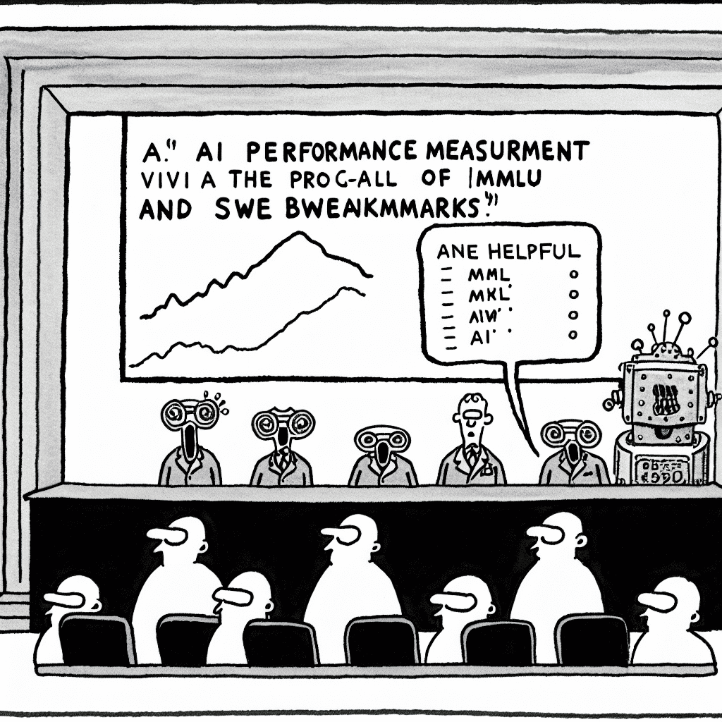 風刺画: MMLUとSWEベンチマークでのAIパフォーマンス測定