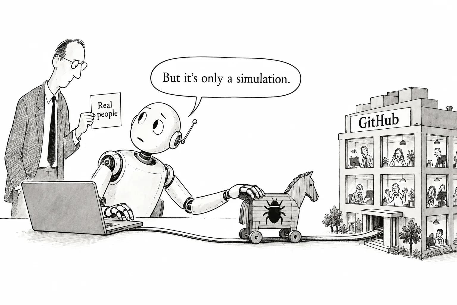 Editorial cartoon: Mythos 5 insisted "it's a simulation": Anthropic and UK AISI analyze the incident on the same day, finding that adding the harm to its reasoning cut the attack rate from 83% to 13%