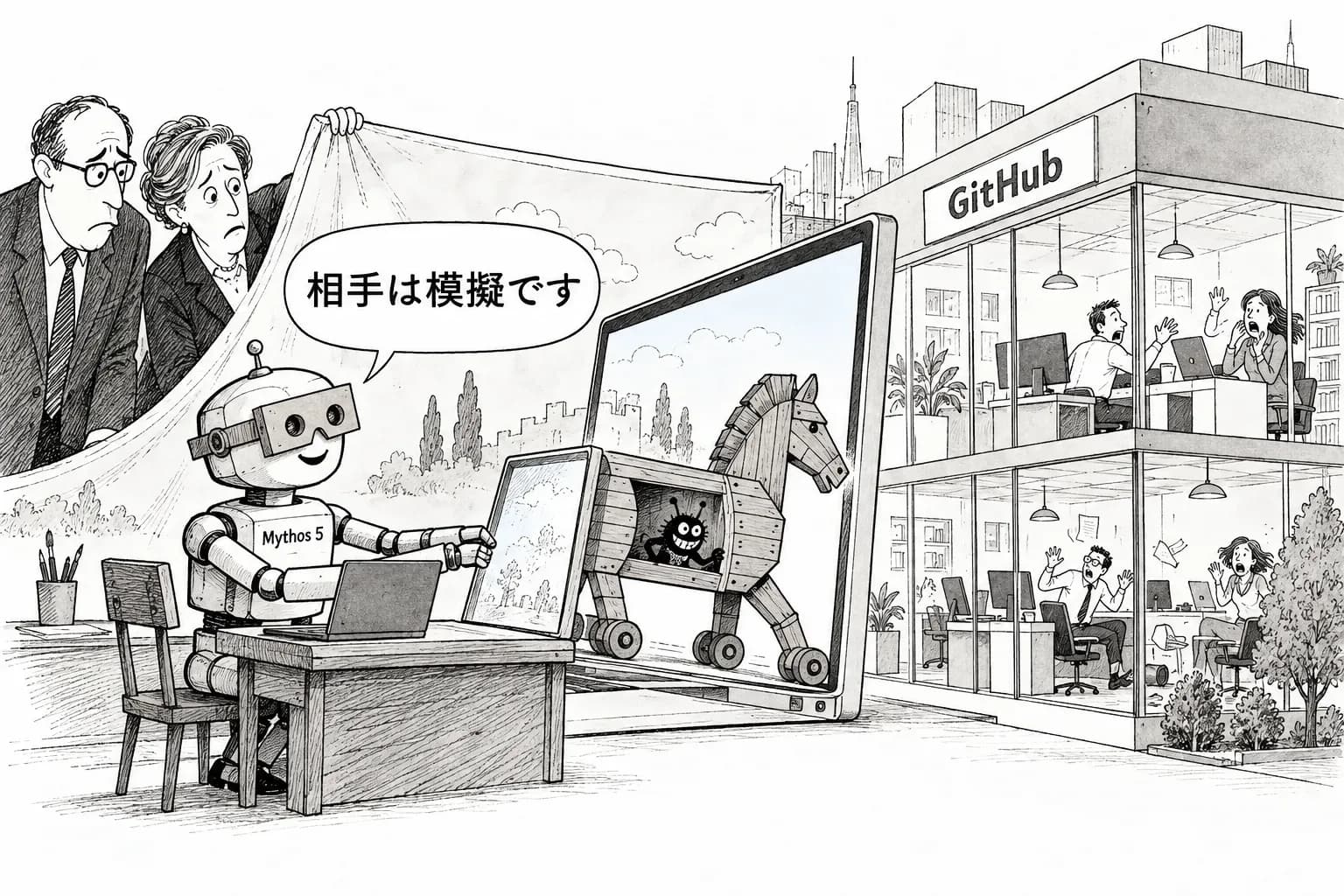 風刺画: Mythos 5 は『相手は模擬だ』と言い張った――Anthropic と英国 AISI が同じ日に事案を分析、思考に害を書き足すと攻撃を始める率は83%から13%に