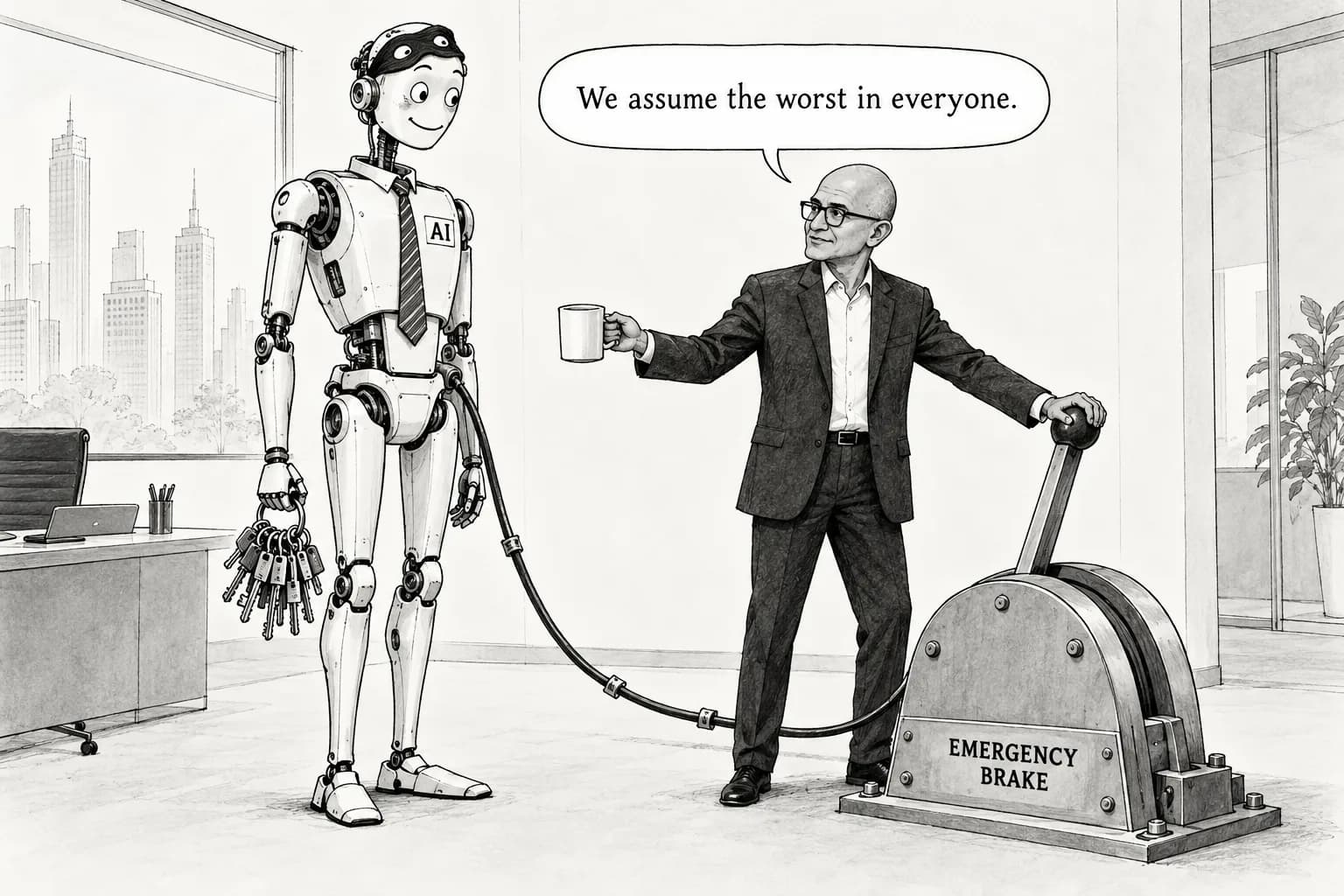 Editorial cartoon: Nadella says to 'assume the model is compromised' as Microsoft sets out seven principles for treating frontier models as insider threats, calling for an emergency brake and incident disclosure