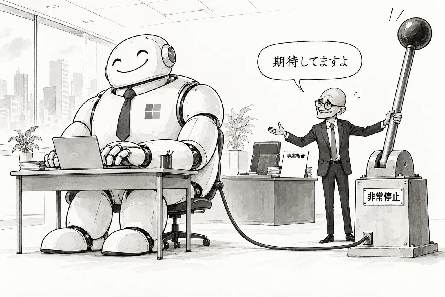 風刺画: Nadella が『モデルは侵されていると仮定せよ』——Microsoft、フロンティアのモデルを内部の脅威として扱う7原則を示し、非常ブレーキと事案の開示を求める