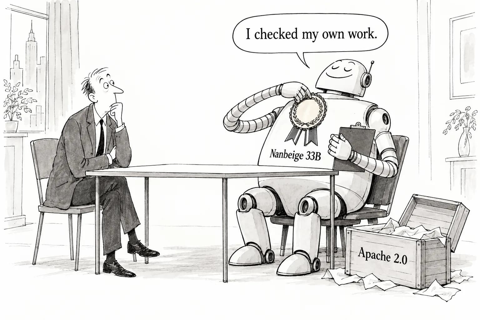 Editorial cartoon: Nanbeige releases dense 33B coding model under Apache 2.0
