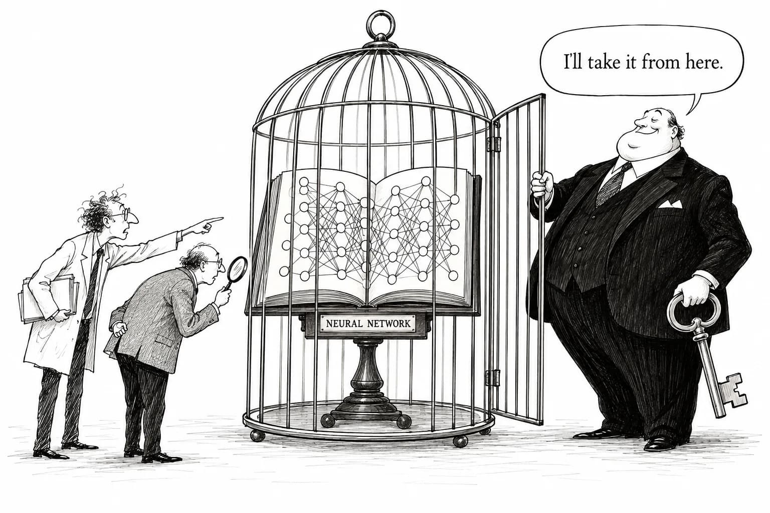 Editorial cartoon: Camps clash over claim that neural networks can already be read: Nanda and others urge caution, while Dean Ball warns that cracking them would concentrate power