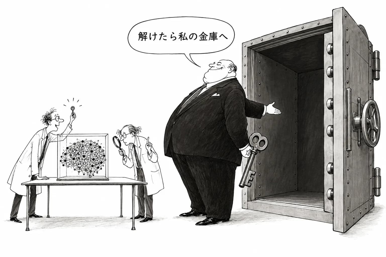 風刺画: 『ニューラルネットはもう読み解ける』をめぐって陣営がぶつかった。Nanda らは慎重で、Dean Ball は『解けたら権力が集中する』と書いた