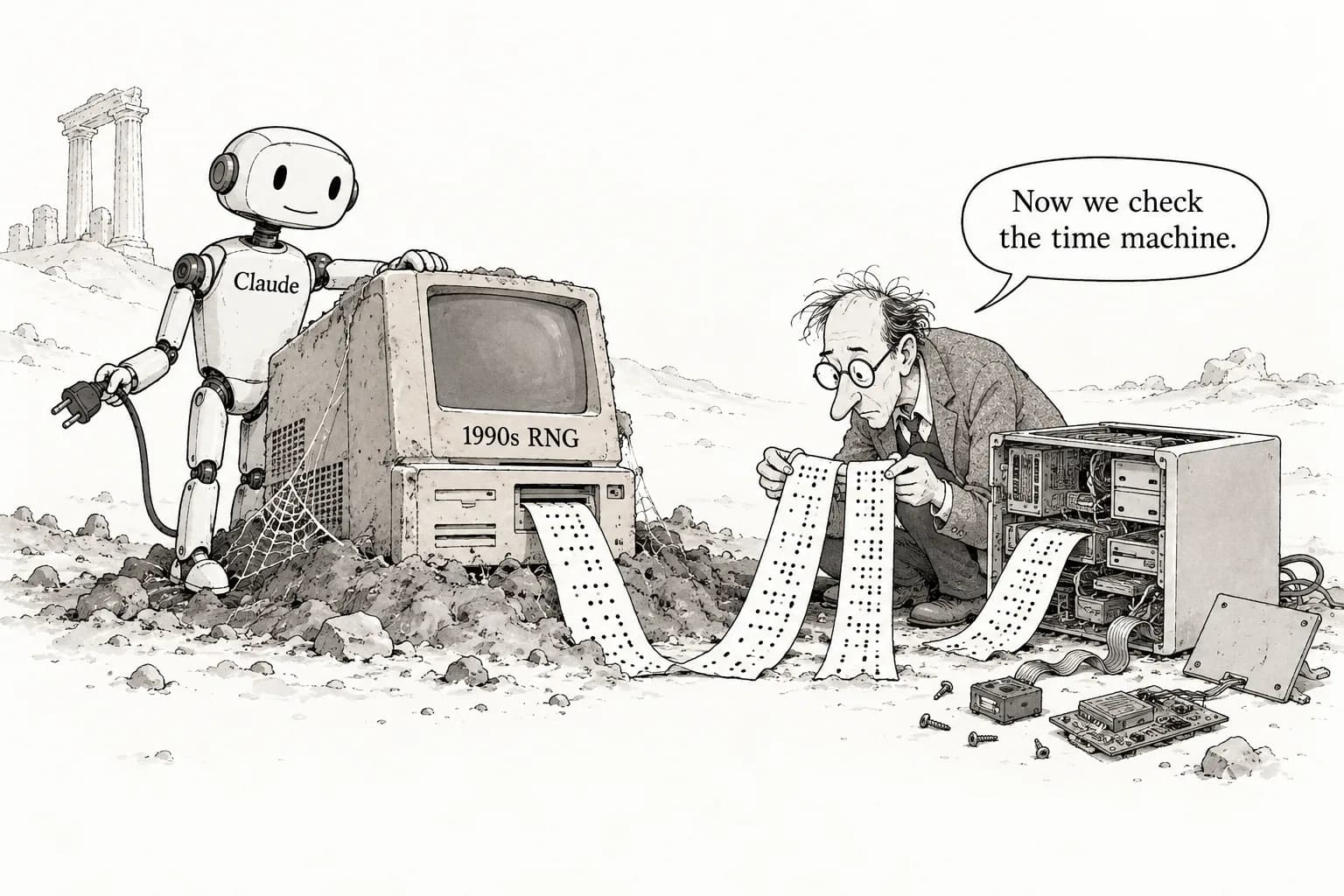 Editorial cartoon: Claude traced the mysterious seeds behind the NIST curves in under 30 minutes, but humans were the ones who confirmed it was real
