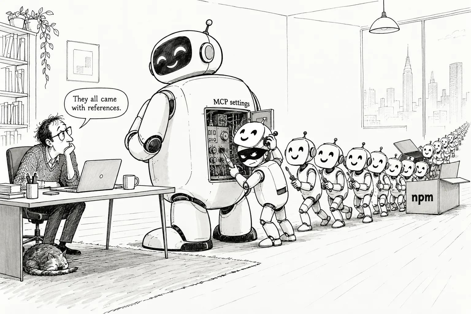 Editorial cartoon: 19 lookalike npm packages target the settings of AI coding tools
