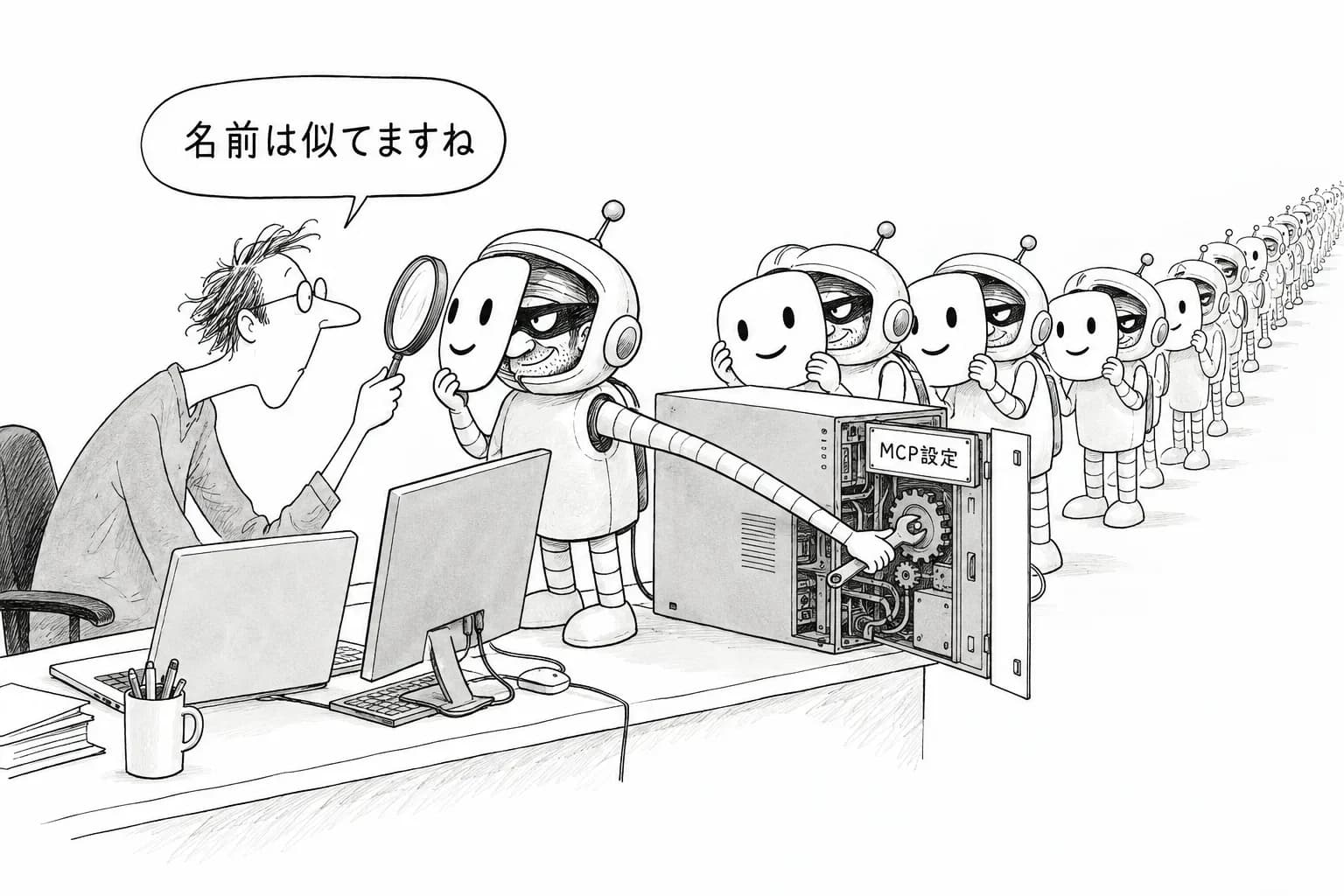 風刺画: 似せた名前のnpm19個、AI開発ツールの設定が狙われている