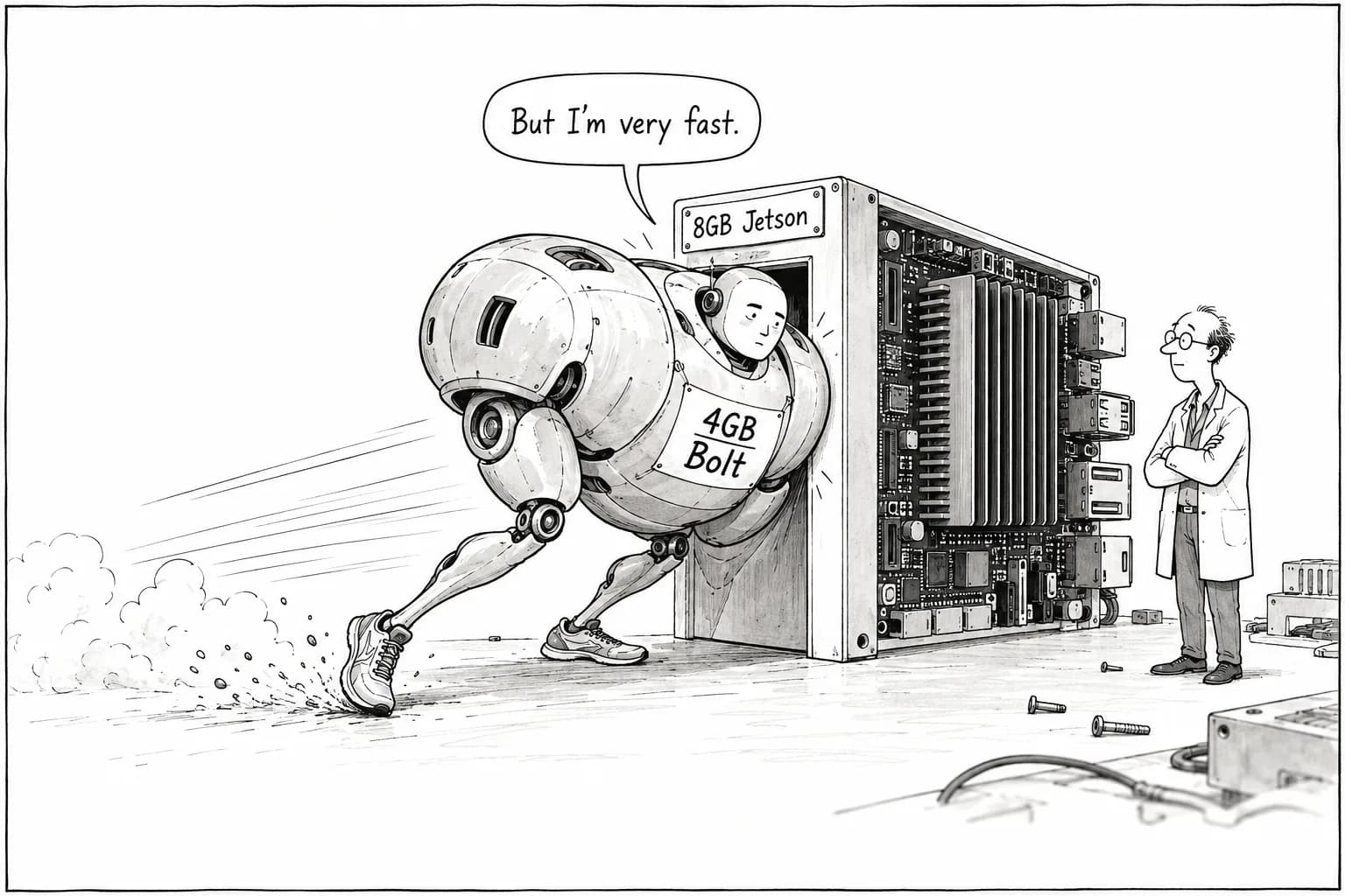 Editorial cartoon: NVIDIA's '4GB' Nemotron 3.5 Bolt is fast, early testers say, but it wouldn't load on an 8GB Jetson
