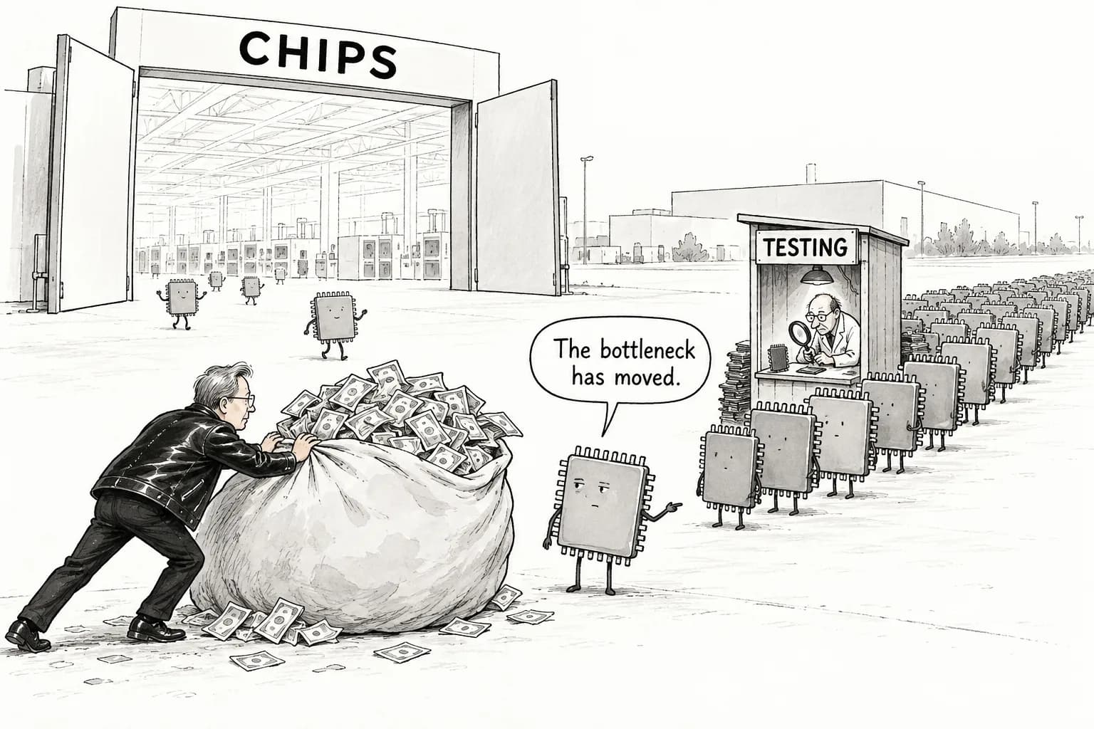 Editorial cartoon: NVIDIA prepays $1.1 billion to tester KYEC as substrates rise 2.5x in three years and optical engines 15x, moving AI's bottleneck past the chip
