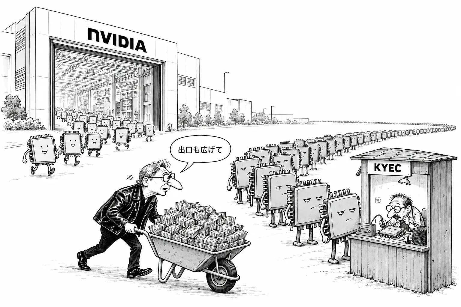 風刺画: NVIDIA、試験の KYEC に11億ドルを前払い――基板は3年で2.5倍、光エンジンは15倍。制約はチップの外の工程へ