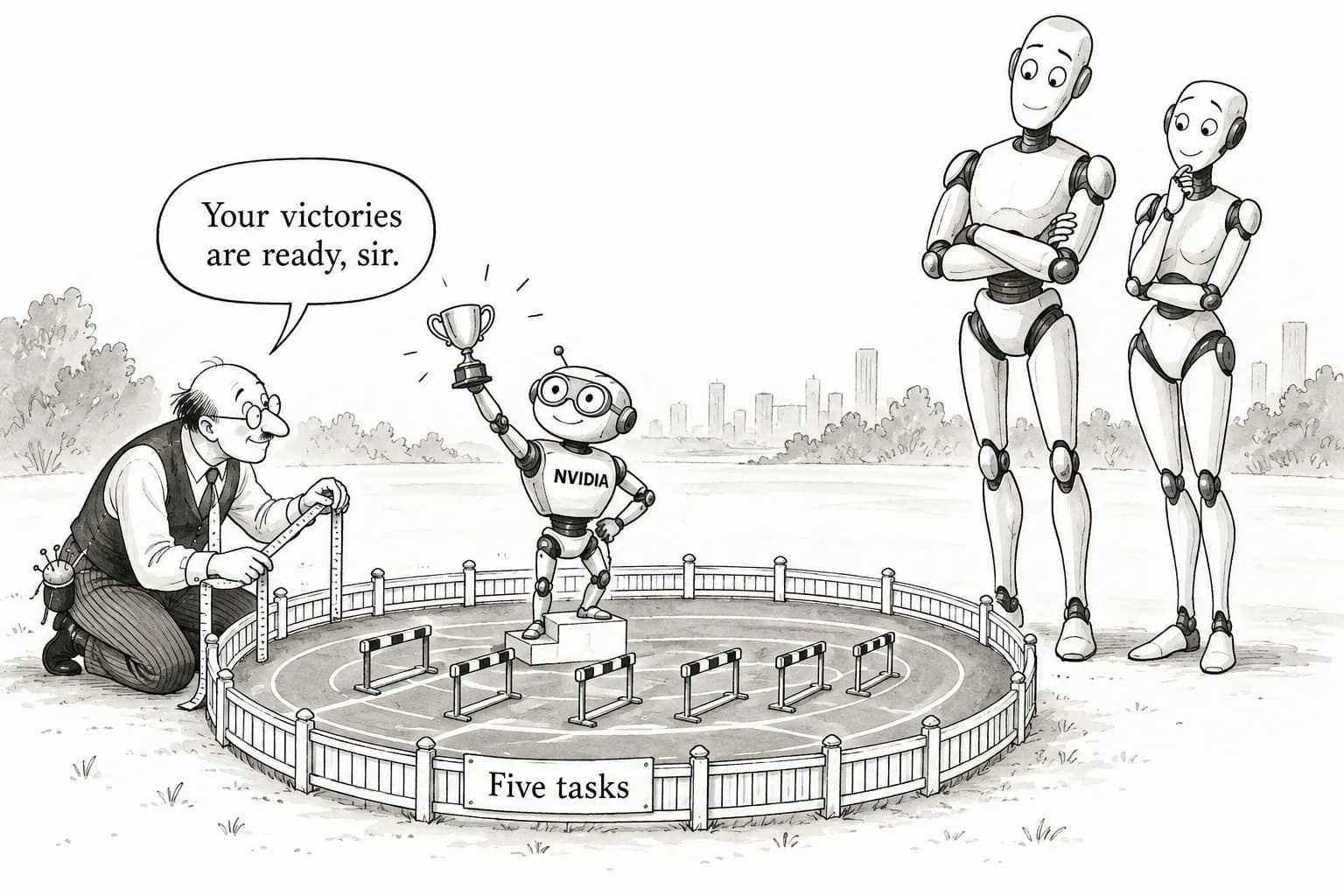 Editorial cartoon: NVIDIA releases Nemotron 3.5 Super VL and Bolt weights, tops US open-weight models with a third-party score of 26 — but its "beats Opus 5" claim applies only after post-training, on specialized tasks