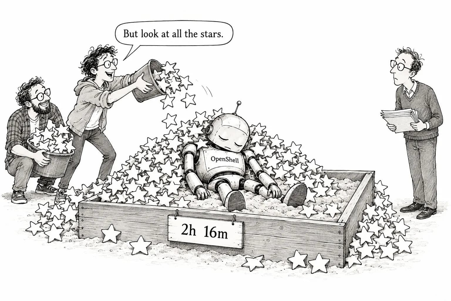 Editorial cartoon: NVIDIA's agent sandbox OpenShell gained 2,456 GitHub stars in a day, the same week reports said it stops after 2 hours 16 minutes