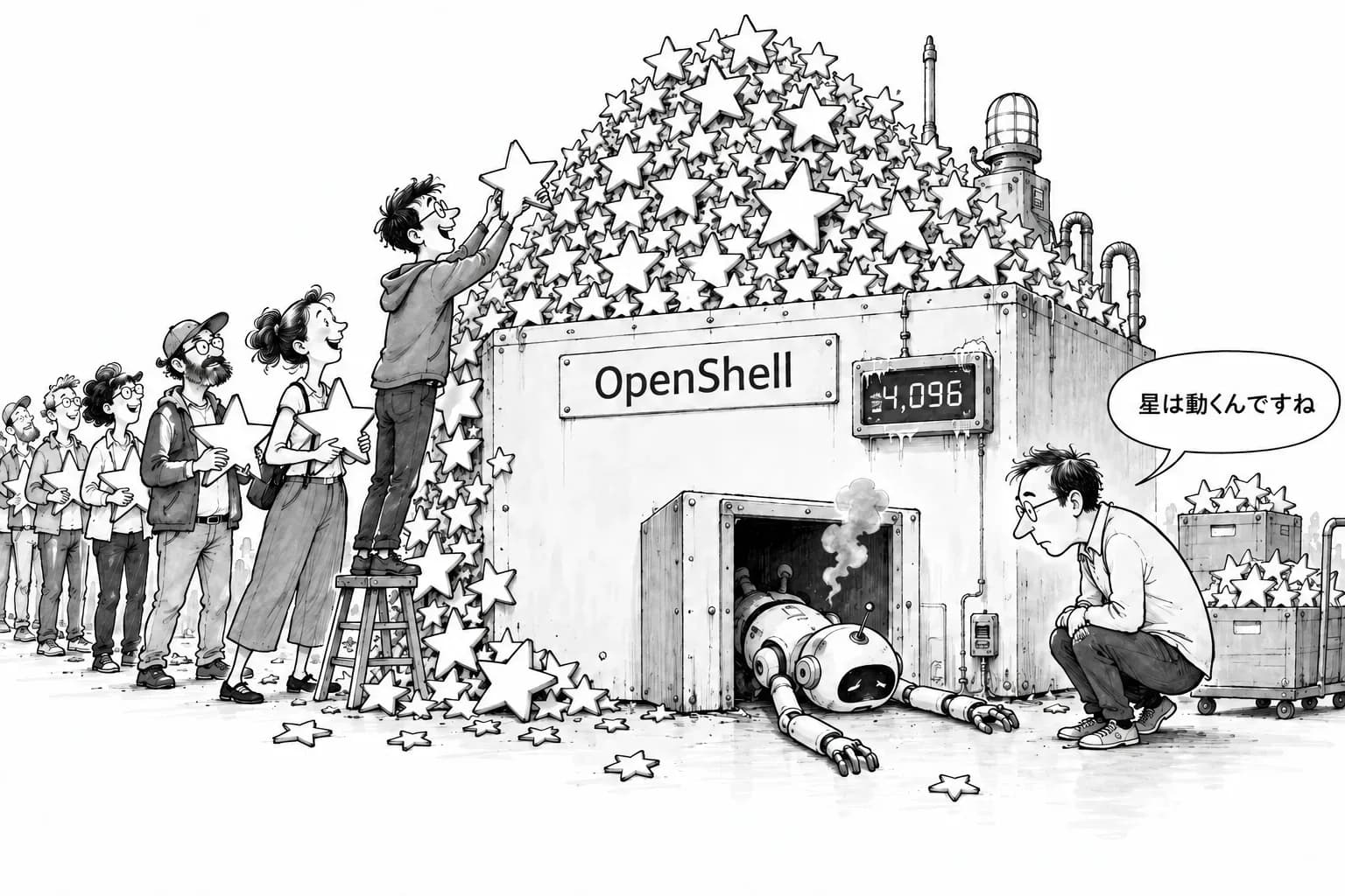 風刺画: NVIDIAのエージェント用の箱「OpenShell」が1日で+2,456スター。でも同じ週に「2時間16分で止まる」報告が届いてた