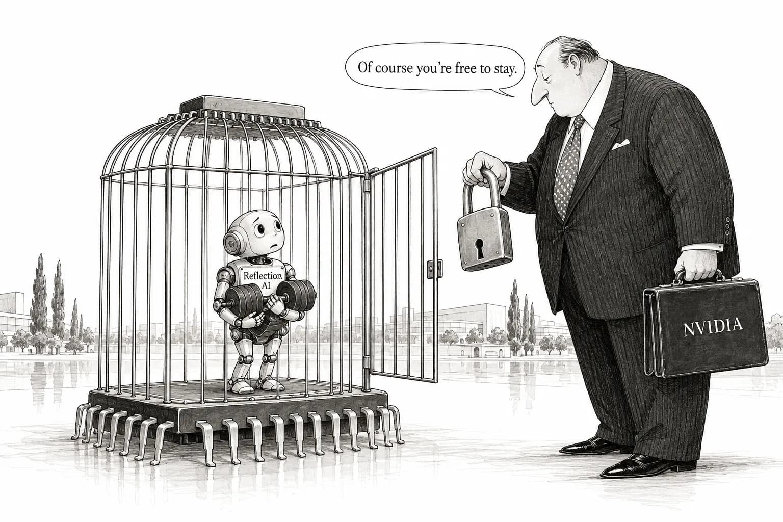 Editorial cartoon: NVIDIA reportedly in talks to buy or invest further in Reflection AI, five days after Beam launch, raising questions over whether a US open-weight developer will fall under a chipmaker's control