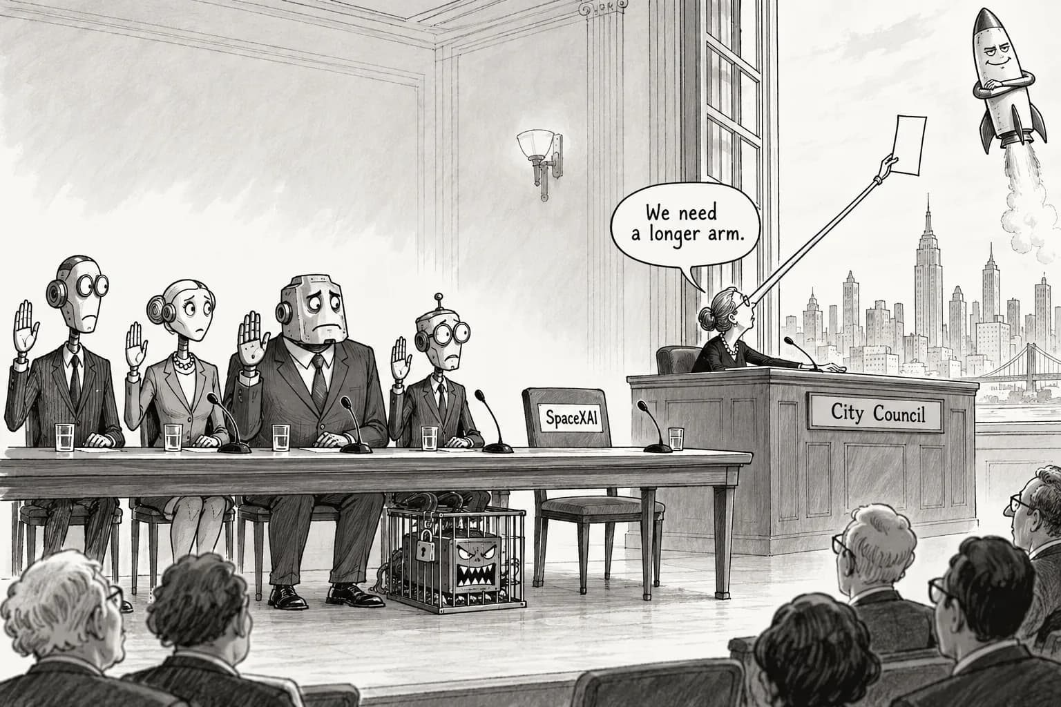 Editorial cartoon: AI labs testify under oath at New York City Council; Anthropic says it withheld Mythos from public release over its ability to write attack code, while SpaceXAI ignored a subpoena and the council will ask a court to compel it