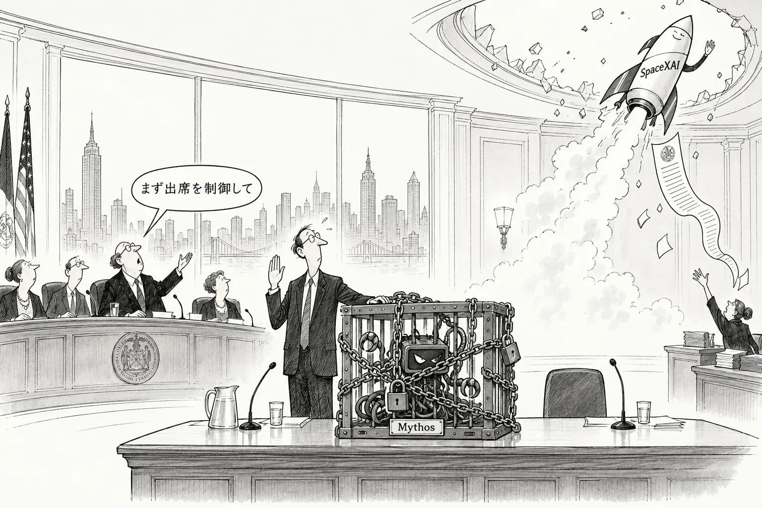 風刺画: NY市議会でAI各社が宣誓証言、Anthropicは攻撃コードを作る能力を理由にMythosを一般公開しなかったと説明――SpaceXAIは召喚に応じず、市議会は裁判所に強制を求める