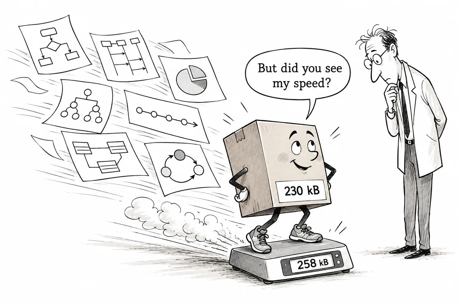 Editorial cartoon: Obsidian's Pele renders Mermaid from a single package, no browser needed; it is as fast as claimed, but the gzipped size is about 258kB, not 230kB