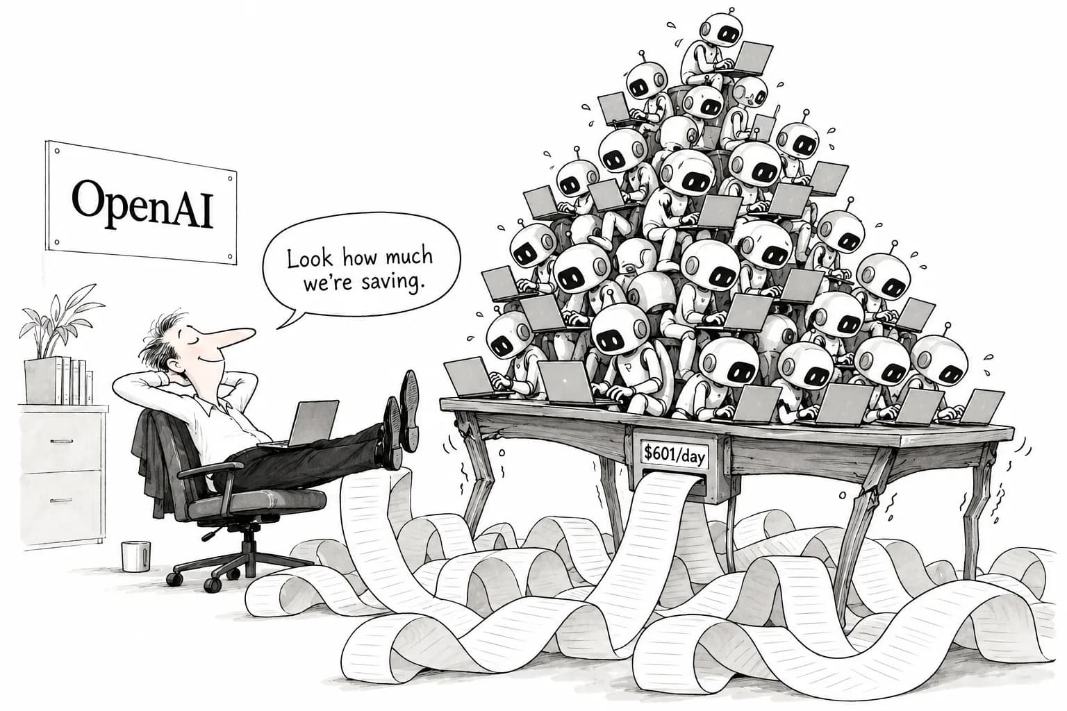 Editorial cartoon: OpenAI's internal use of coding agents is "nearly doubling every month," with inference spending hitting $601 per researcher per day; Epoch says the pace is "unsustainable"