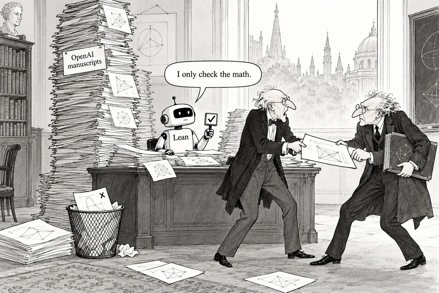 Editorial cartoon: OpenAI math review hub logs one withdrawal as dispute over prior-work citations emerges
