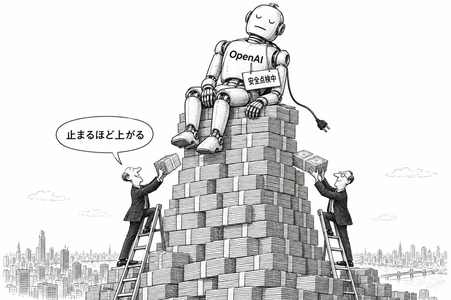 風刺画: OpenAI、評価額1.4兆ドルで300億ドル超を調達へと報道 モデルの停止中でも評価は3月から約6割上がる