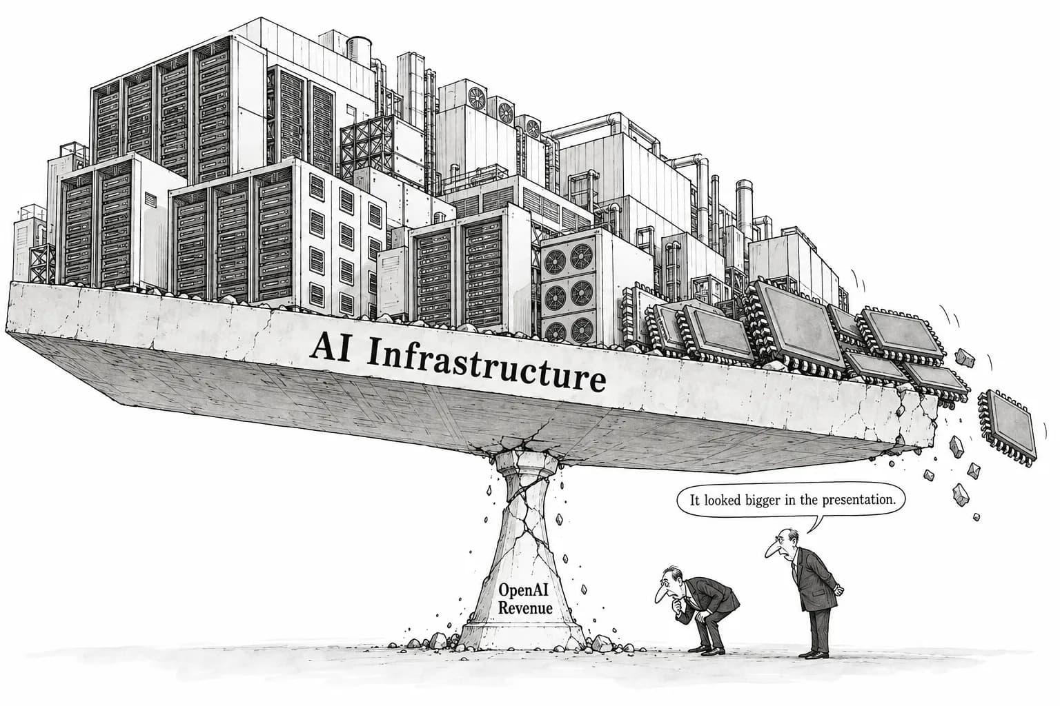 Editorial cartoon: OpenAI revenue reportedly $20 billion below expectations; Oracle, CoreWeave and chip stocks slide