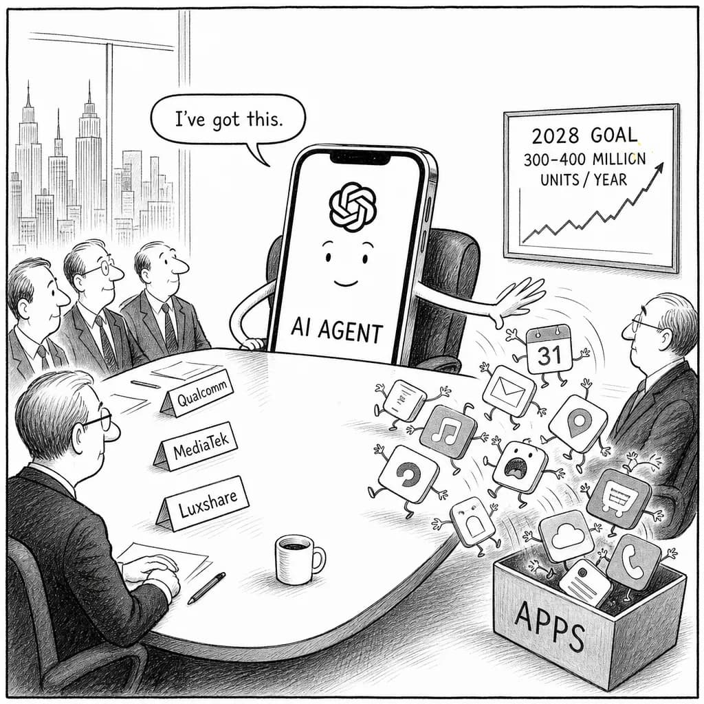風刺画: OpenAI、2028年にエージェントAIスマートフォン投入へ 年間3億台出荷を目標